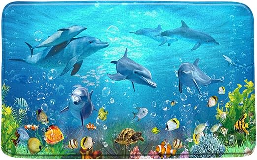 Dolphin Bath Mat Underwater Tropical Fish Sea Animal Aquatic Seabed World Theme Kids Blue Yellow Microfiber Memory Foam Rugs Bathroom Decor Mat Non Slip Backing16 X 24 Inch Amazon Ca Home Kitchen