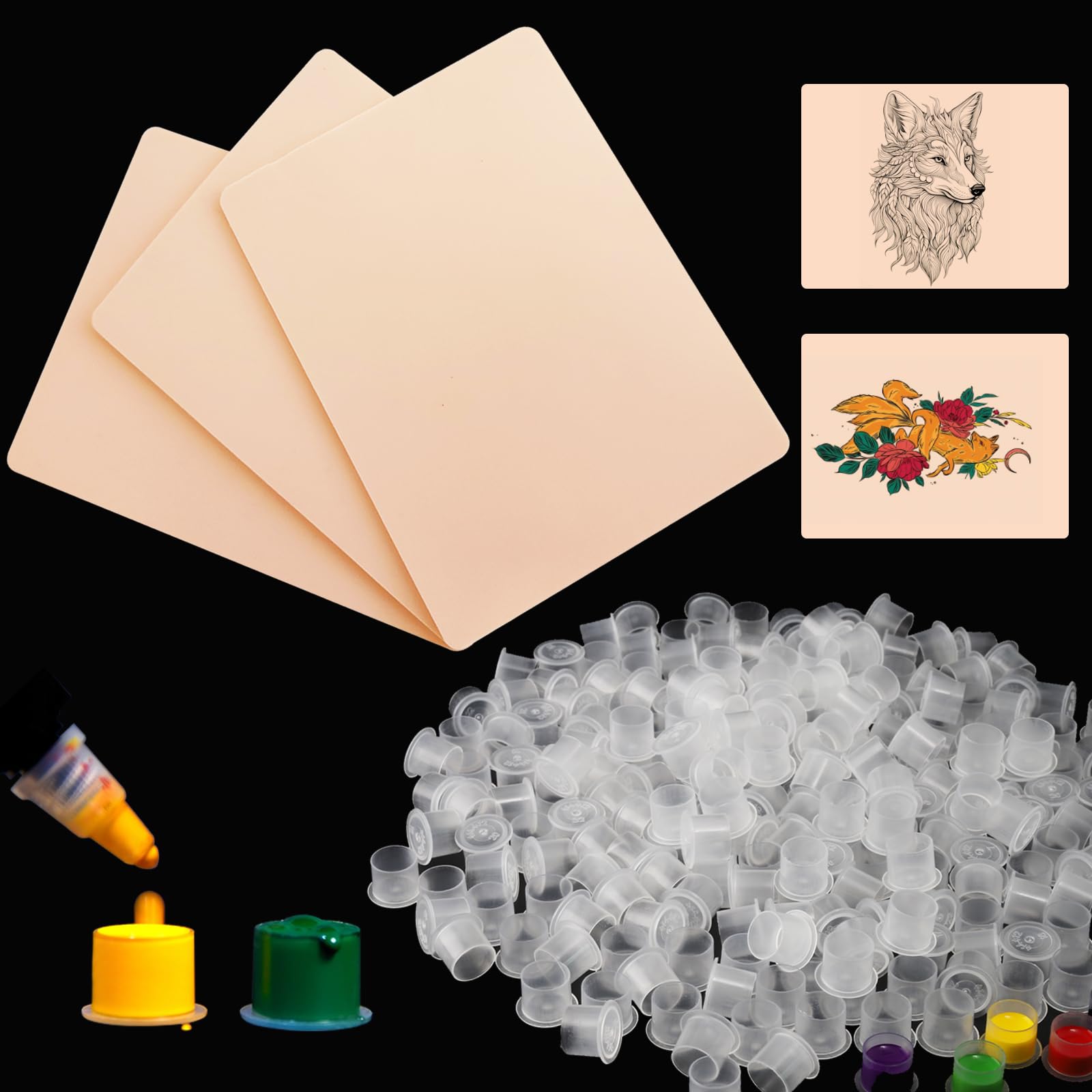 Rayyl Tattoo Practice Kit - 3pcs Fake Skin & 100pcs Ink Cups - Modern Style - Adult