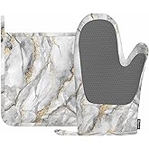 Mxocom White Marble Oven Mitt and Pot Holder with Silicone Fashion Marbling Granite Stone Gold Black Gray Heat Resistant Kitchen for Cooking BBQ Baking Grilling Spring/Summer