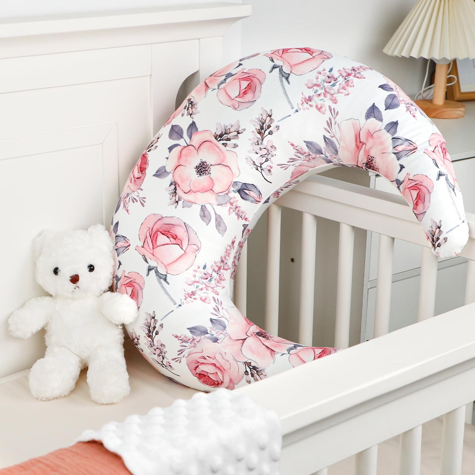 Nursing Pillow Cover Girls, Crescent-Shaped Breastfeeding Pillow Cover, Snug Fits Newborn Nursing Pillow Case, Removable, Super Soft Breathable, Pink Flower