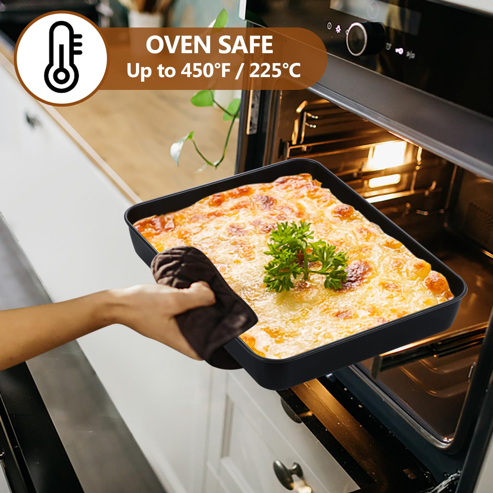 P&P CHEF Nonstick Lasagna Pan Rectangular Cake Pan, 12.3 Inch Deep Baking Pan for Brownie Meats Lasagna, Rectangular Bakeware for Oven Use, Easy Clean & Heavy Duty, Stainless Steel Core, Black