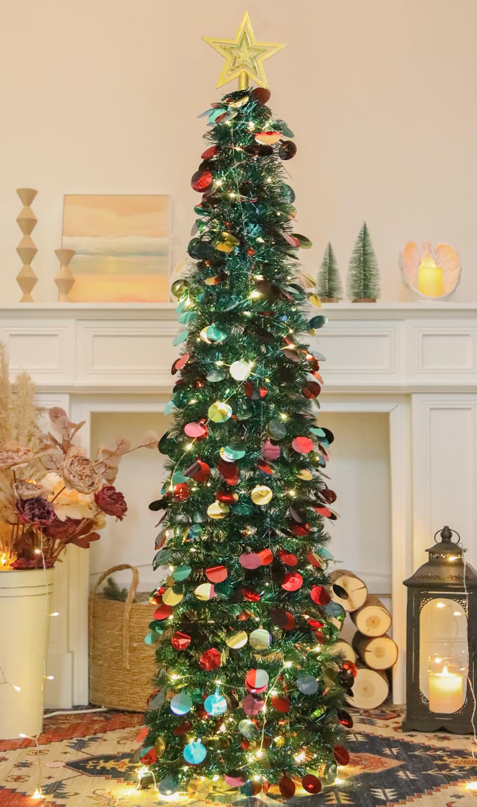 Photo 1 of HMASYO 5 FT Pop Up Christmas Tree with Timer Lights, Blue Tinsel Christmas Tree, Collapsible Artificial Pencil Christmas Tree for Indoor Home Apartment Porch Holiday Party Decorations