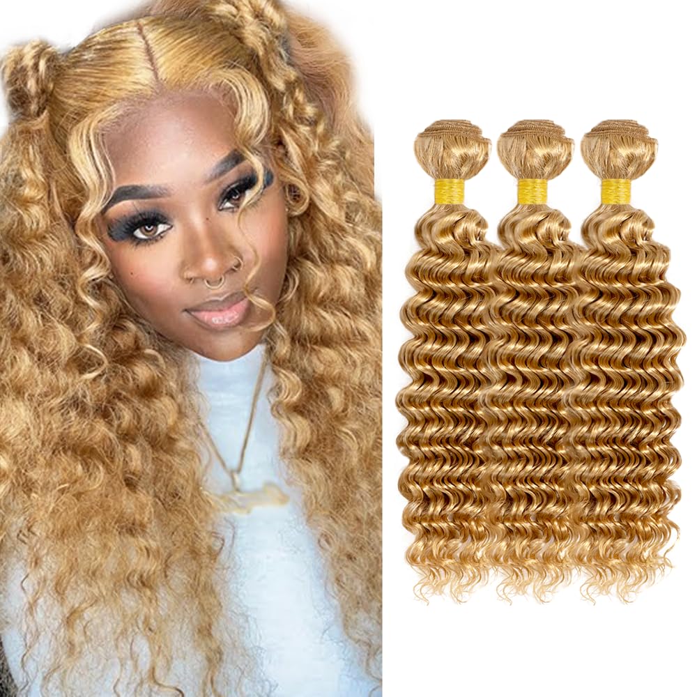 Photo 1 of #27 Blonde Bundles Human Hair Deep Wave Bundles 20 22 24 Inch Unprocessed Brazilian Virgin Hair Weave 3 Bundles 50 Grams Per Bundle Honey Blonde Human Hair Extensions