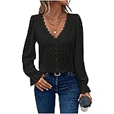 WDIRARA Women's Swiss Dots Lace Trim Blouse V Neck Long Sleeve Top
