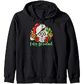 Feliz Navidad Sugar Skull With Santa Hat Christmas Pajamas Zip Hoodie
