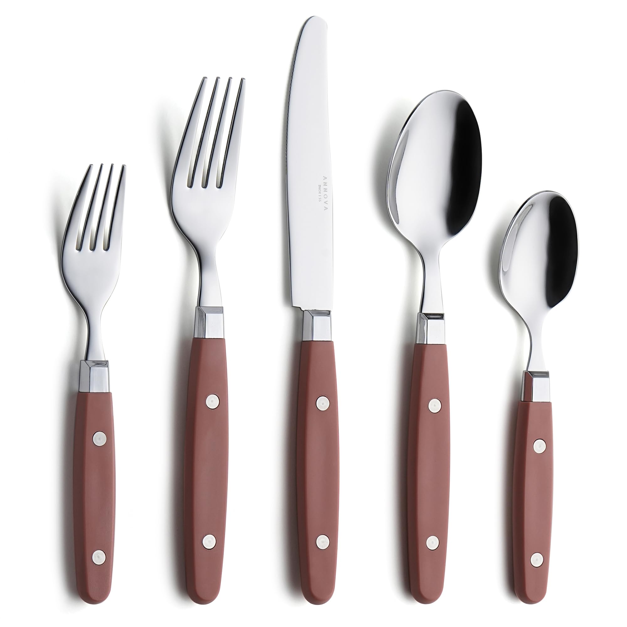 Annova Cutlery Set 20 Pieces Stainless Steel Color Handle with Rivet/Retro Style Flatware (Brown)