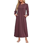 Womens Cotton Long Sleeve Nightgowns Soft Ladies Sleep Shirts Button V Neck Full Length Night Shirts Sleepwear with Pockets