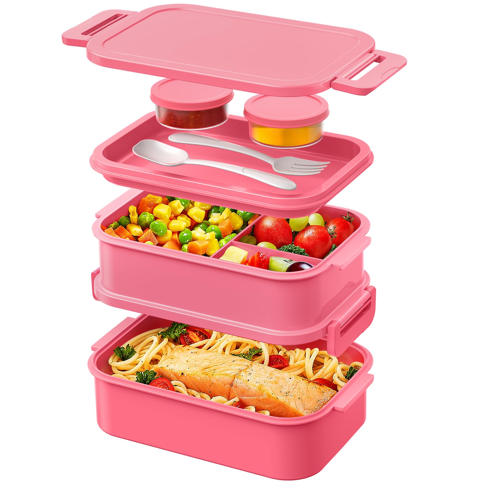 WayEee Lunch Box Adults,2130ml Large Capacity Bento Lunch Box with Compartments, 3 Layers Leak-Proof Bento Box for Office, School(Pink)
