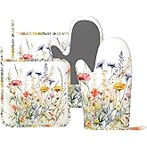 MENGFEISI Wildflowers Oven Mitts and Pot Holders Sets for Kitchen Silicone Watercolor Flowers Oven Gloves Heat Resistant Blooming Flower Oven Mitts with 2 Non-Slip Pads Kitchen Gloves for Cooking