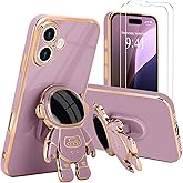 Pepmune for iPhone 16 Plus Case, Cute 3D Astronaut Stand with [2 Screen Protector] [Camera Protection] Kickstand Shockproof Bling Silicone Soft Back Cover for Apple iPhone 16 Plus Phone Case, Purple
