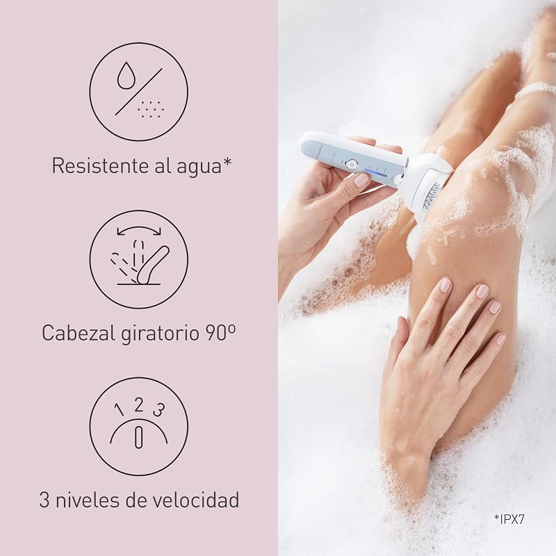 ES-EY90-A503 Húmedo y Seco Depiladora, Doble Disco con 60 Pinzas, Flexible 90º Pivotante Cabeza, 3 velocidad Ajustes, LED Luz, 30 Min de Operación, Cabeza para Cuidado Pies, Cabeza Afeitado