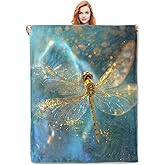 Dragonfly Blanket Gifts for Women Girls Soft Warm Lightweight Cozy Plush Golden Dragonfly Theme Throw Blankets for Bedroom Living Room Sofa Home Decor 60"x50"