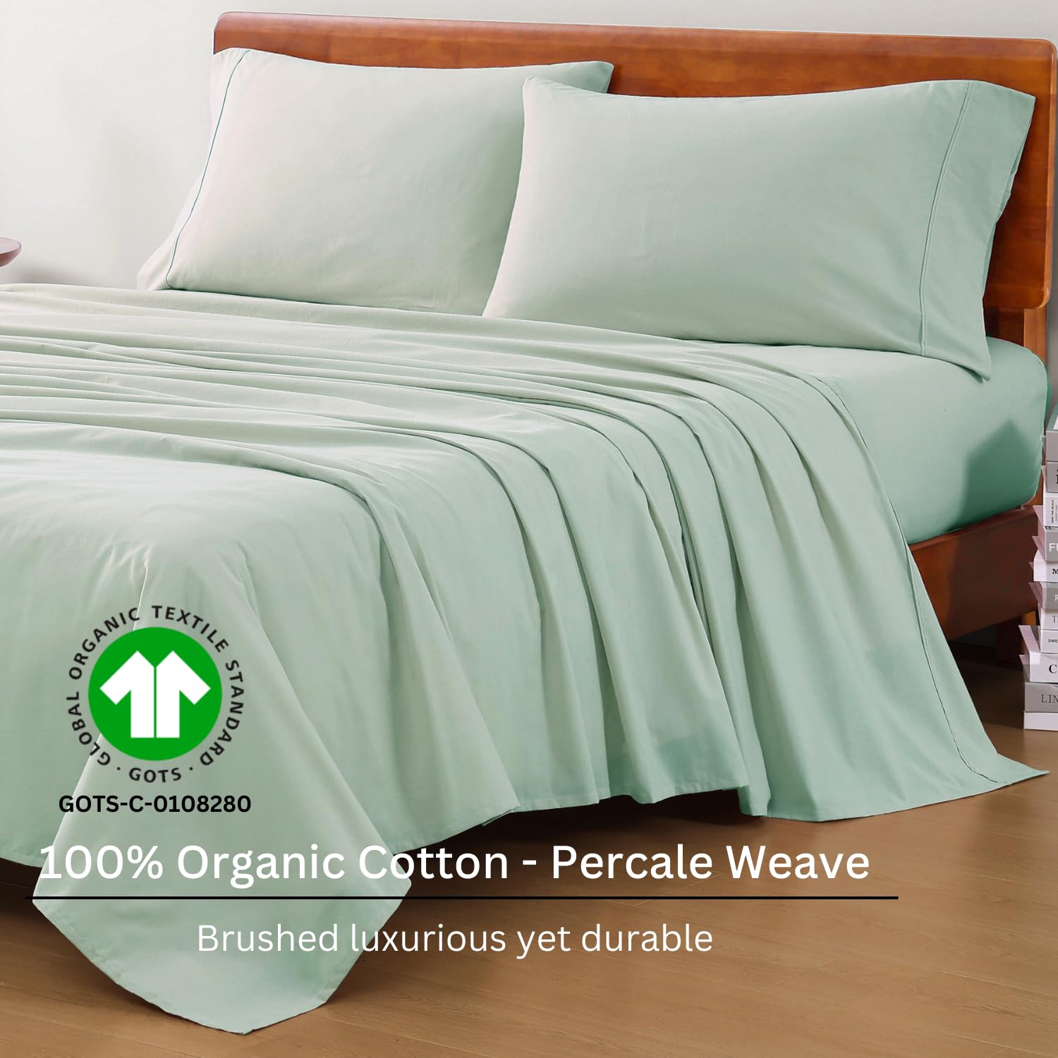 LANE LINEN 100% Organic Cotton Queen Sheets, Fully Elasticized Soft & Comfy Classic Percale Weave, Low Pill Fade Resistant Machine Washable Sheet & Pillowcase Sets, 15