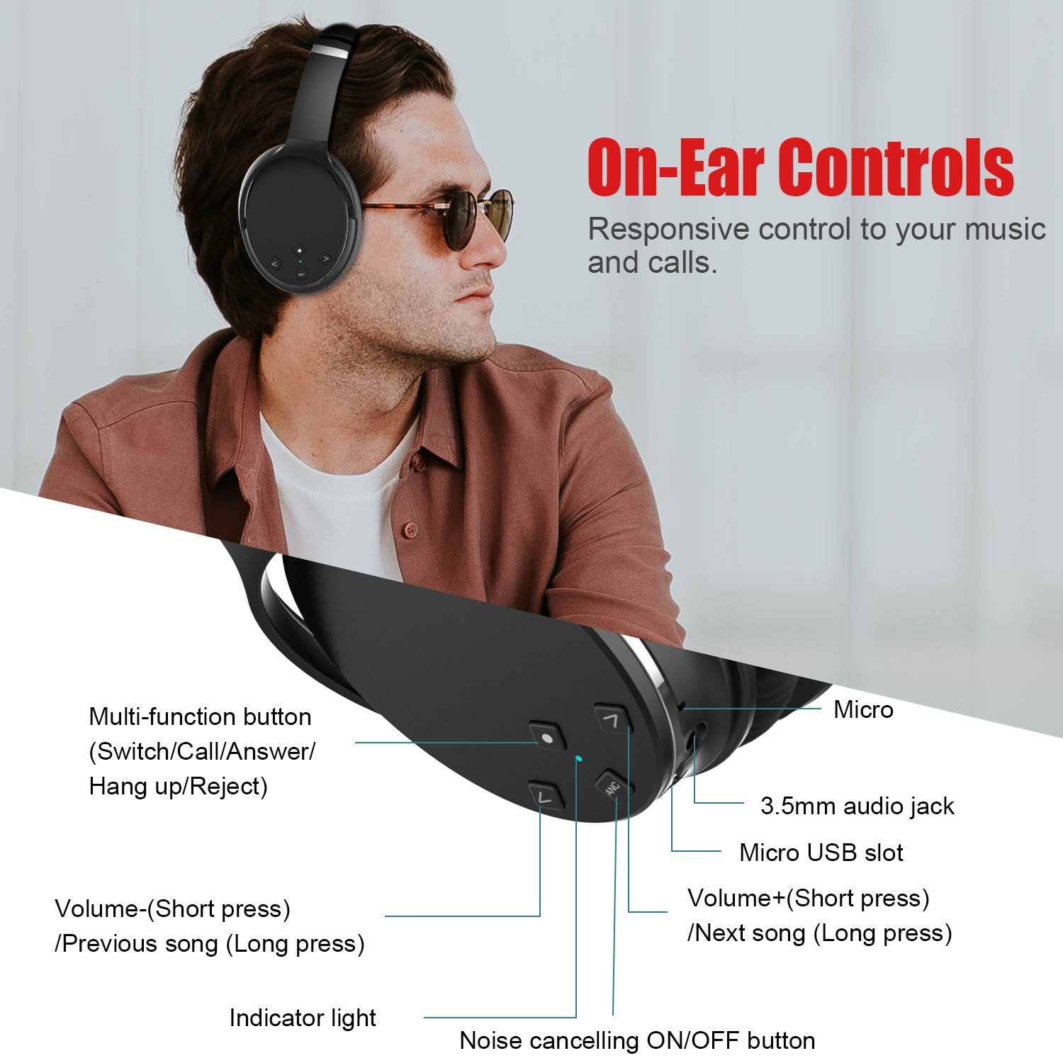 LOBKIN Aktiver Noise Cancelling Bluetooth Kopfhörer mit Mikrofon Hi-Fi Deep Bass Funkkopfhörer Over Ear, Bequeme Protein Ohrpolster, 12 Stunden Playtime für 3,5 mm & Bluetooth Gerät (Schwarz)