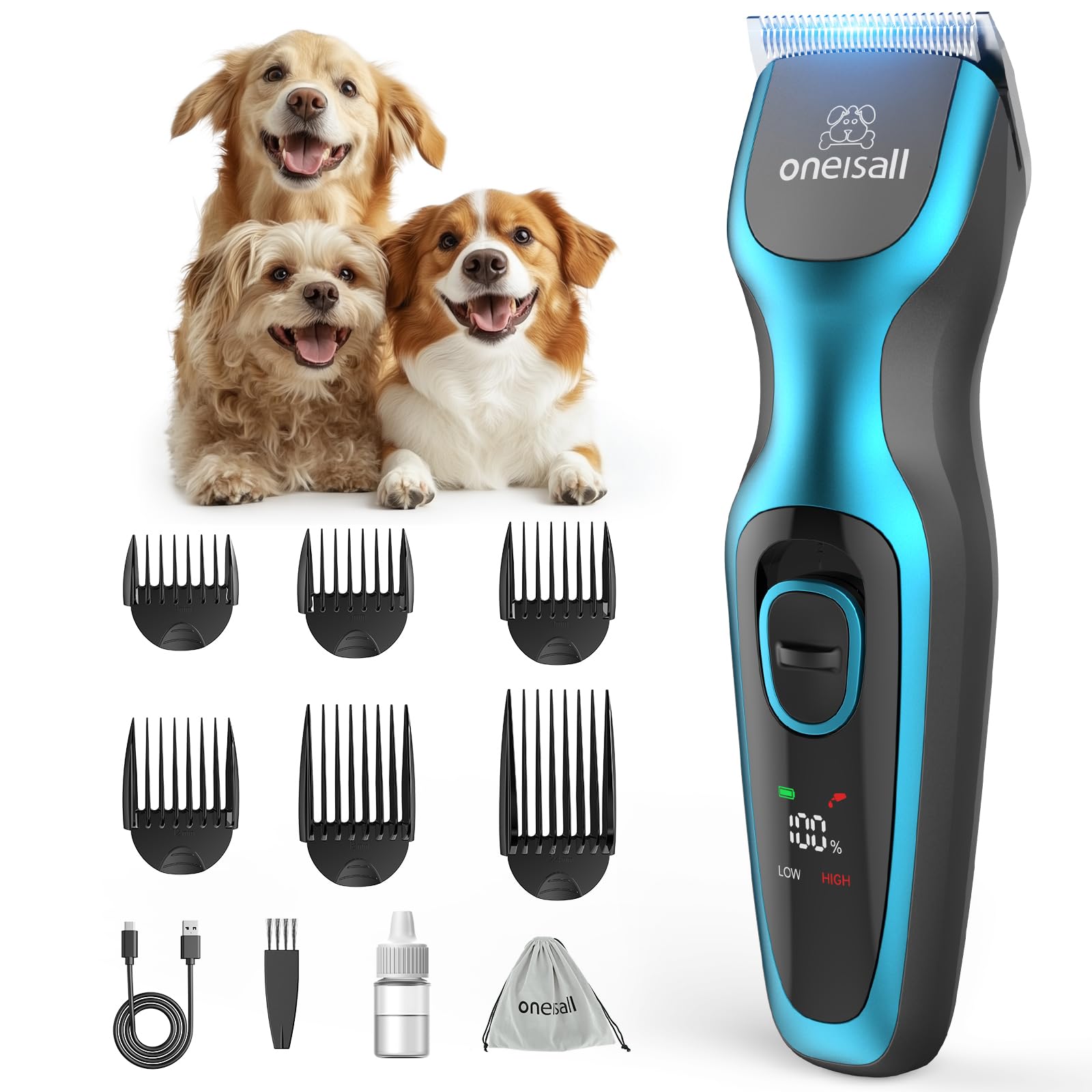 Photo 1 of Oneisall Dog Clippers for Grooming - 2-Speed Super Power, 50dB Quiet Rechargeable Cordless Trimmer With Detachable Stainless Steel Blade for Small & Large Dogs With Thick Coats