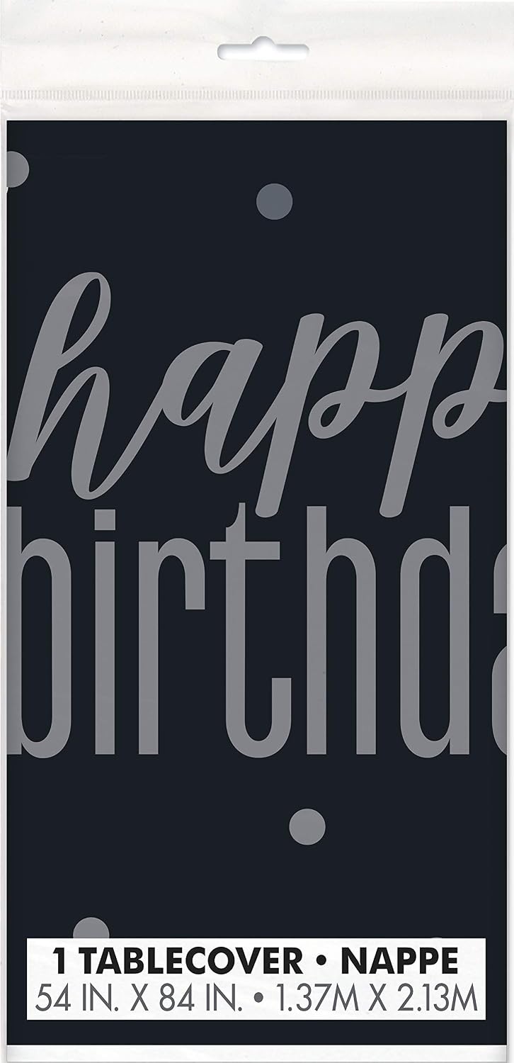 Glitz Black & Silver Happy Birthday Plastic Table Cover (137cm x 213cm) - Perfect Party Decor for Birthday - 1 Pc