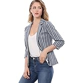 Allegra K Women's Striped Open Front Work Office 3/4 Sleeves Casual Notched Lapel Blazer
