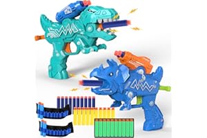 HAPPITRY Dinosaur Toy Guns for Toddlers 3 4 5 6 7 8 Years Old, Idea Gift for Boys Birthday Valentines Easter Christmas Stocking Stuffers, Dino Blaster for Kids with 30 Foam Darts Compatible with Nerf, 2 Pack