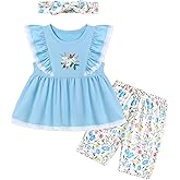Latnnut Toddler Baby Girl Shorts Set Summer Clothes 3 Piece Outfit Cute Ruffle Tops + Floral Shorts + Bows Headband 6M-4T