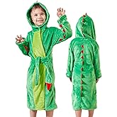 LOLANTA Kids Robe Boys Girls Dinosaur Plush Fleece Hooded Bathrobe with Belt Animal Soft Sleepwear