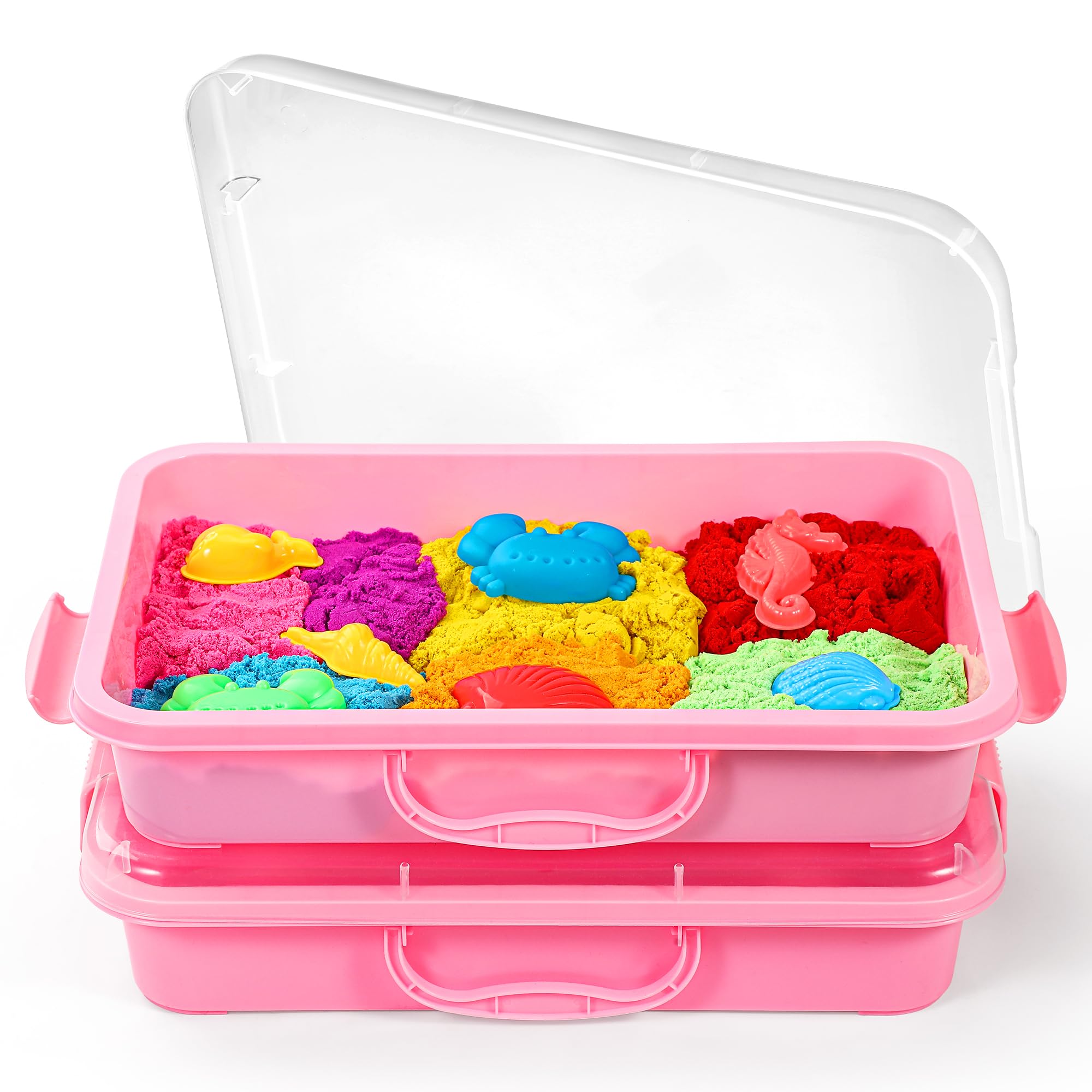 sikmcle 2 Pieces Sand Tray Sensory Bin with Lid and Handle, Portable Sensory Sandbox Container for Children, Plastic Activity Tray for Toddlers, Pink