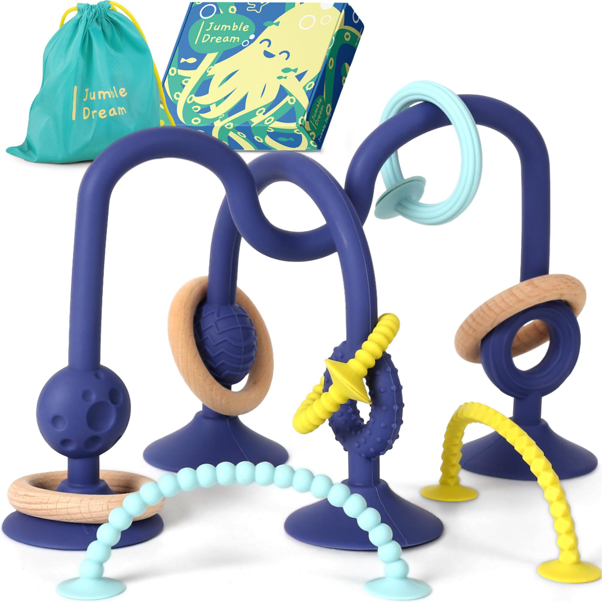 Jumble Jangle Baby Teething Toys – BPA-Free, Multi Purpose High Chair Toys & Sensory Toys for Kids with Autism: Suction Teething Relief with Sensory Toy Textures for Infants & Toddlers (Dark)