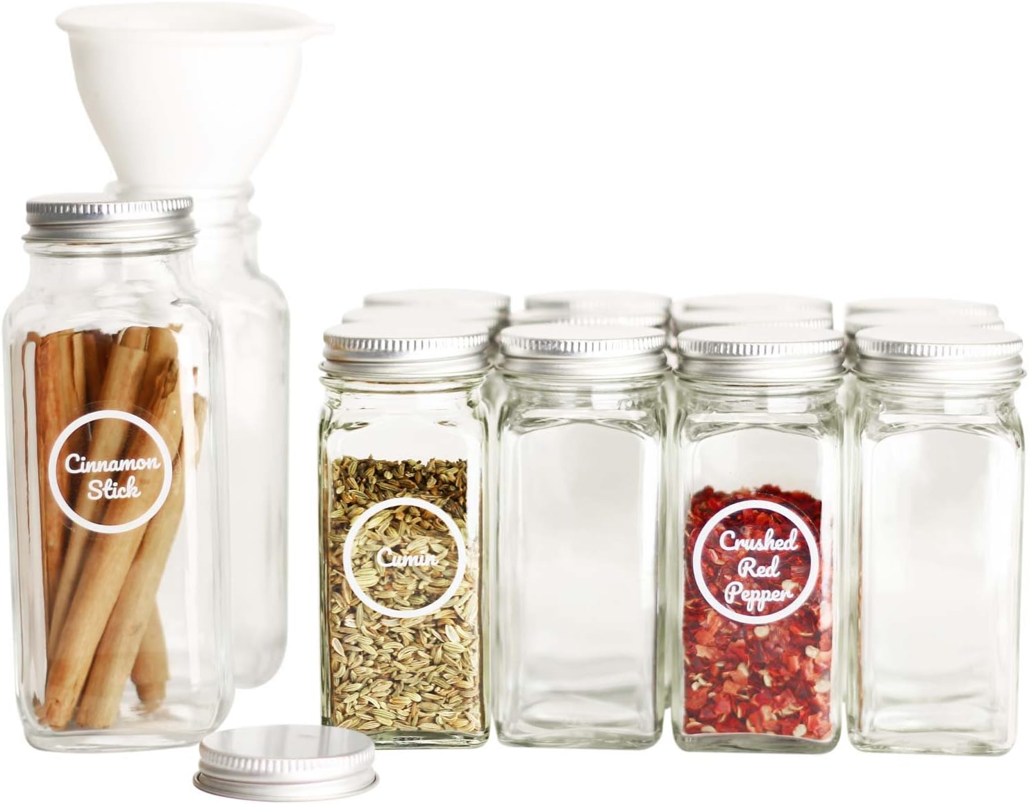 SpiceLuxe Premium Spice Jar Set -14 Empty Square Glass Jars, Silver Metal Airtight Lids, 100 Spice Labels, Easy Pour Funnel, and Shaker Tops - Decorative Containers Organize Your Spice Rack or Pantry