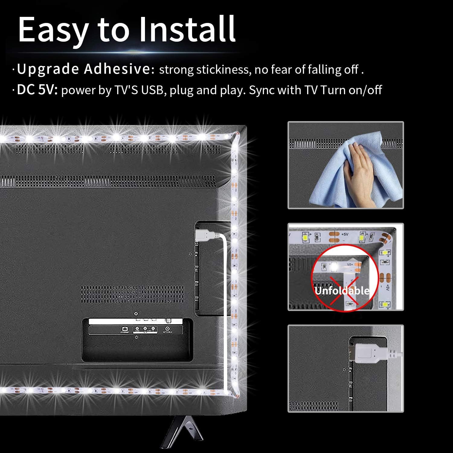 LED Strip Lights, USB TV Backlight 6.56ft/2m LED Lights for 40~60in HDTV, Non-Waterproof SMD 3528 5V Warm White Bias Lighting - Image 4