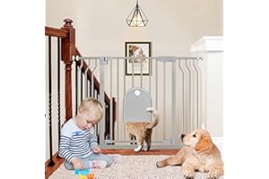 CUYOENT Baby Gate with Cat Door for Stairs - Auto Close & Easy Walk Thru Dog Pet Gates for Stairs 30"-43.7" Wide, Doorway, Pressure or Wall Mounted Child Gate Includes 4 Wall Cups 2 Extensions (Gray)