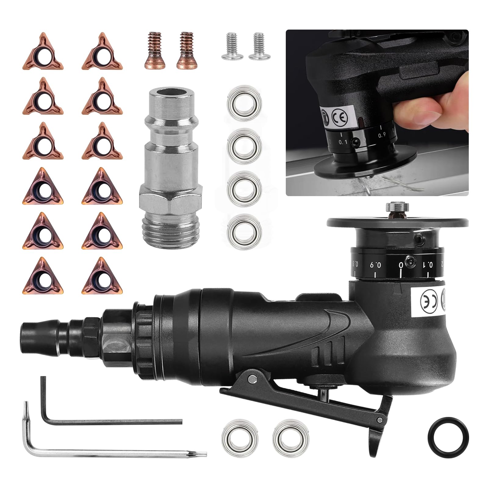 Pneumatic Chamfering Machine Set with Blade and Bearing, 2-in-1 Hand Held Mini 45° Grinder Tools for Arc Corner, 1/4 Inch Air Inlet for Metal Wood Beveling Deburring (6C&6R Angle Blades)