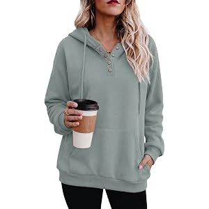 Zeagoo Hoodies for Women Casual Button Collar Drawstring Long Sleeve Hooded Sweatshirt Pullover Tops for Fall Winter 2026