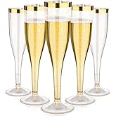 Goodluck 36 Pack 6.5 oz Plastic Gold Glitter Champagne Flutes with Gold Rim, Disposable Champagne Toasting Glasses for Wedding, Engagement, Party, Mimosa Bar