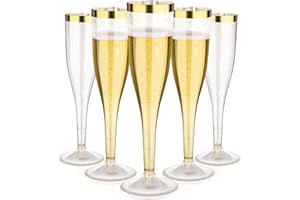 Goodluck 36 Pack 6.5 oz Plastic Gold Glitter Champagne Flutes with Gold Rim, Disposable Champagne Toasting Glasses for Wedding, Engagement, Party, Mimosa Bar