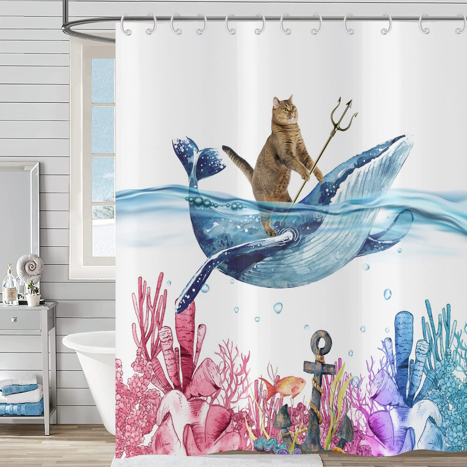 Funny Cat Shower Curtain 180x180, Hnmdmyi Cute Kitten Riding Whale Shower Curtains Ocean Coral Seaweed Tropical Fish Kids Children Bathroom Curtains Waterproof Polyester Fabric Bath Curtain with Hooks — image 1