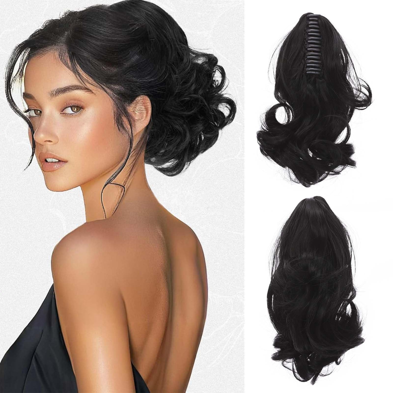 Fashion Ponytail Hair Extension Claw Curly Wavy Straight Clip in ponytail Hairpiece One Piece fake hair Ponytails for Women 12” Curly Dark Black