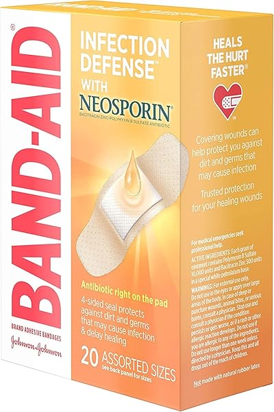 BAND-AID BRAND ADHESIVE BANDAGES INFECTION DEFENSE WITH NEOSPORIN ANTIBIOTIC OINTMENT, PACK OF ASSORTED SIZES, FOR WOUND CARE AND FIRST AID, 20 CT