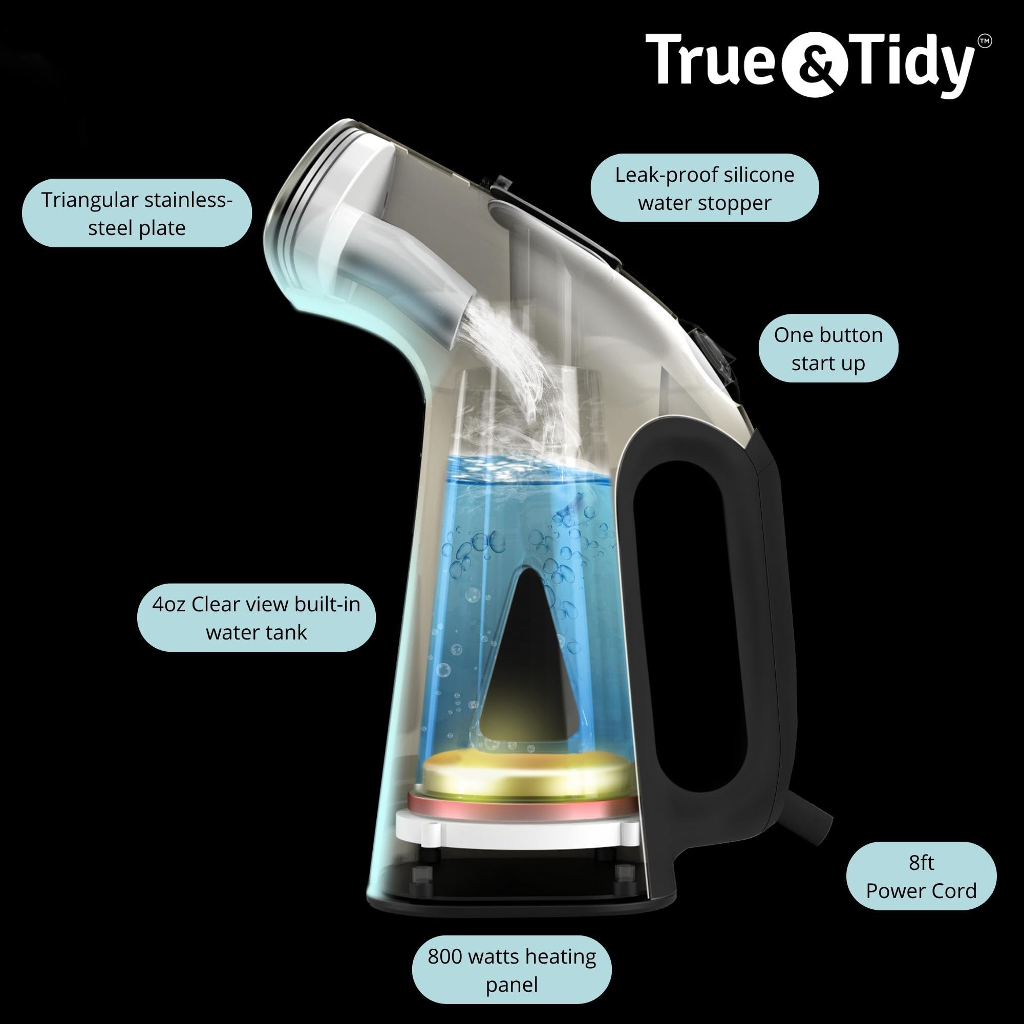 True & Tidy® Steamer for Clothes, Portable Handheld Garment Fabric Wrinkles Remover, Auto-Off, 800 watts of steam, Stainless Steel Steam Plate, Black