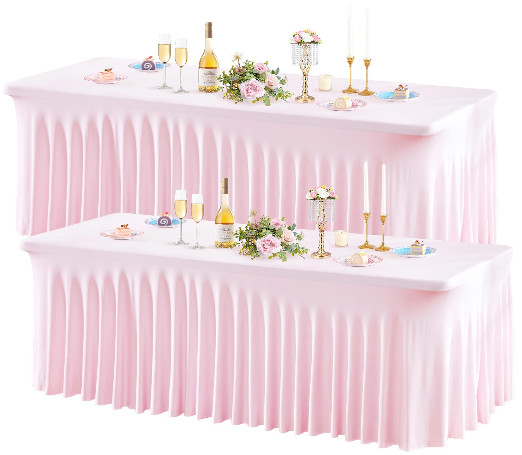 Photo 1 of Wish Care 2 Pack Pink Spandex Table Clothes for 6 Foot Rectangle Tables, 6FT Wrinkle Free Fitted Tablecloths Ruffles Design Table Cover for Party, Banquet, Wedding and Events