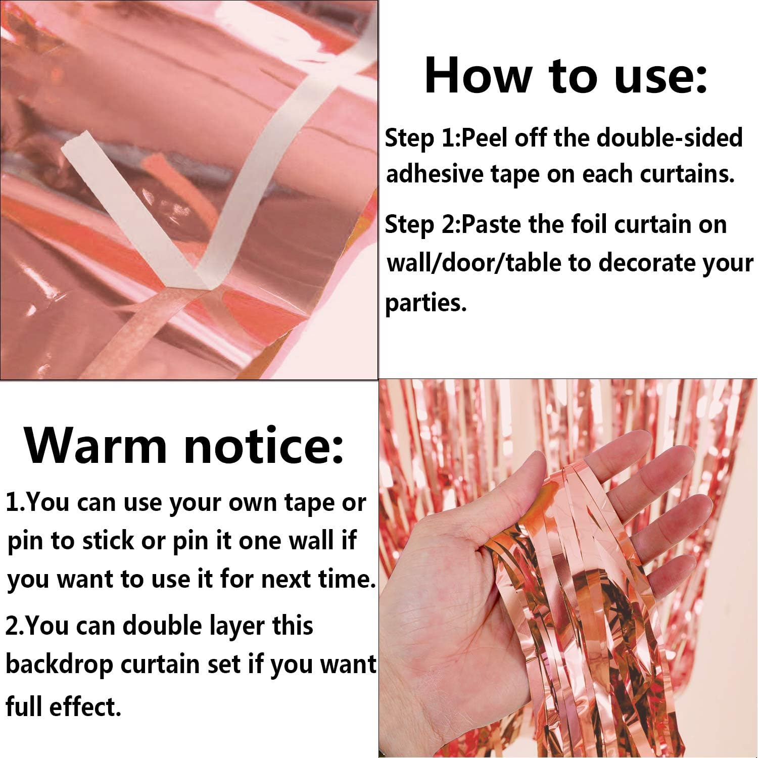 Fecedy 2pcs 3ft x 8.3ft Rose Gold Metallic Tinsel Foil Fringe Curtains Photo Booth Props for Birthday Wedding Engagement Bridal Shower Baby Shower Bachelorette Holiday Celebration Party Decorations: Toys & Games
