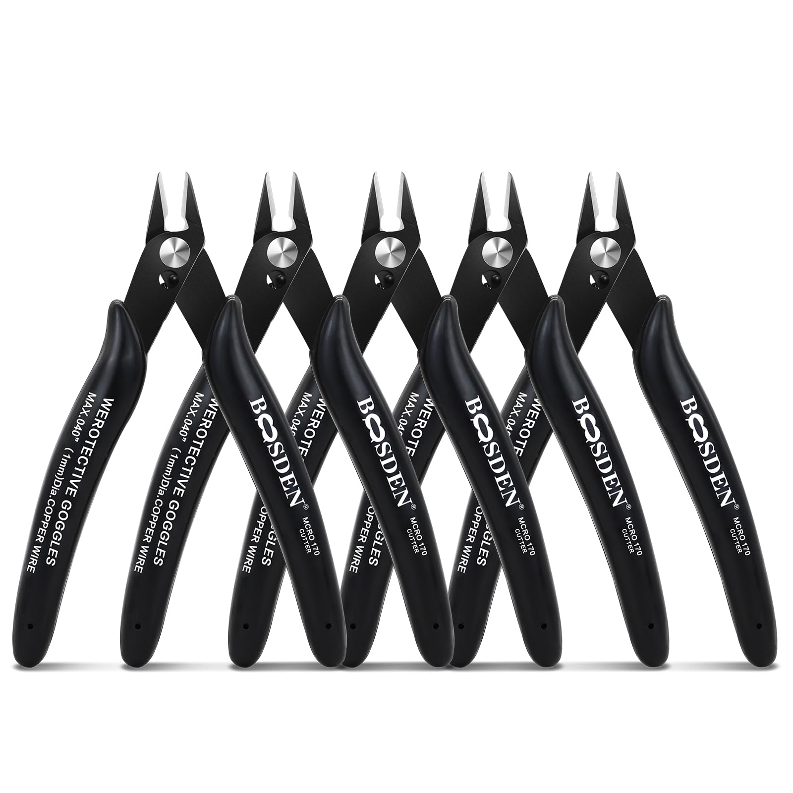 Flush Cut Pliers, 5 Pack, Inch Small Wire Cutters, BOOSDEN 170 Cutters Cutter Micro Cutter, for Crafts, Models, Zip Ties Snips, Nippers, Electronic Side (BSD-T045)