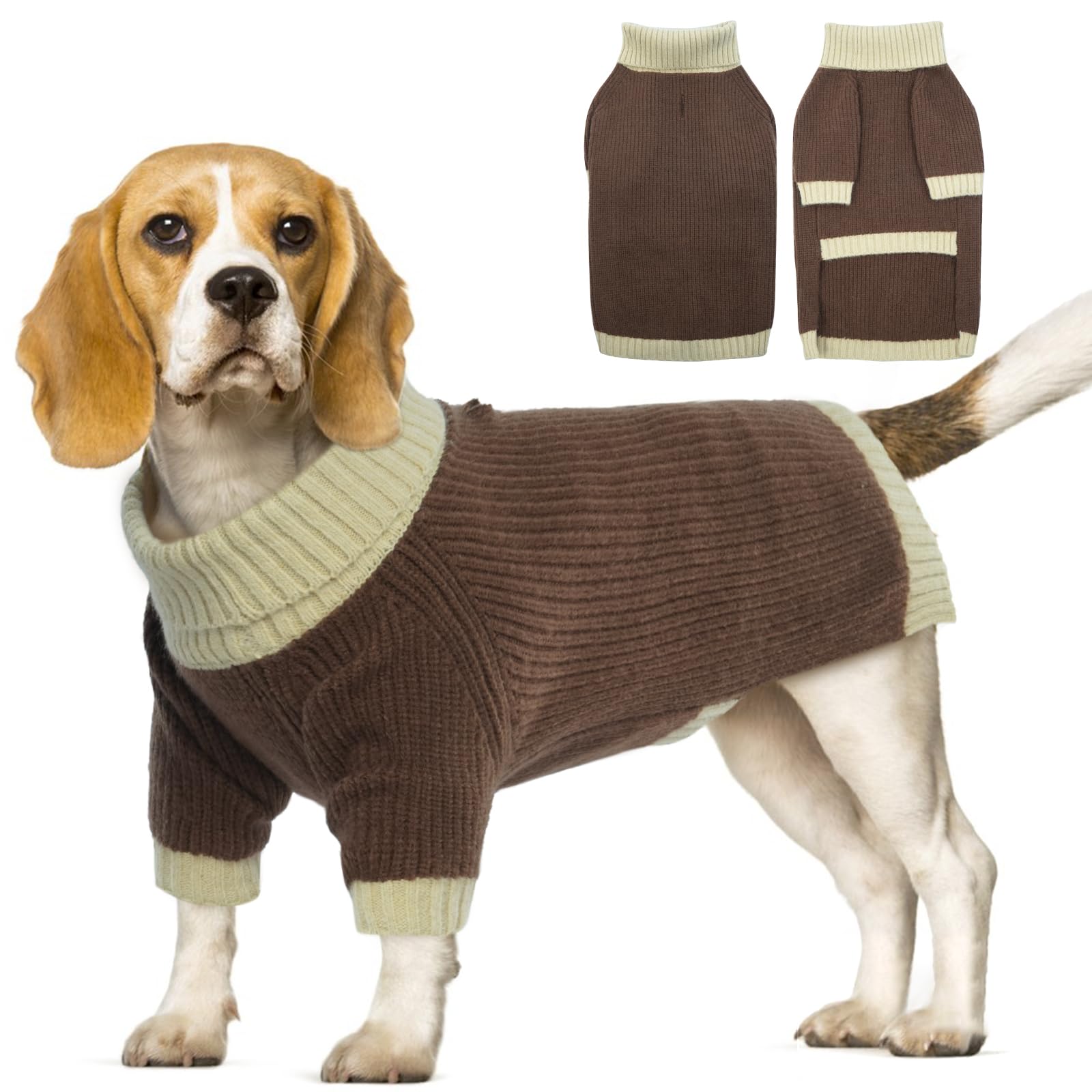 OUOBOB Dog Jumper - Large Size for Girls Boys, Thermal Turtleneck Knitted, Ugly Christmas Sweater, Warm Winter Clothes Knitwear for Boston Terrier, Pitbulls (Camel L)