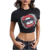 WDIRARA Women's Graphic Lip Print Crop Tee Shirt Round Neck Short Sleeve T-Shirt Slim Fit Top