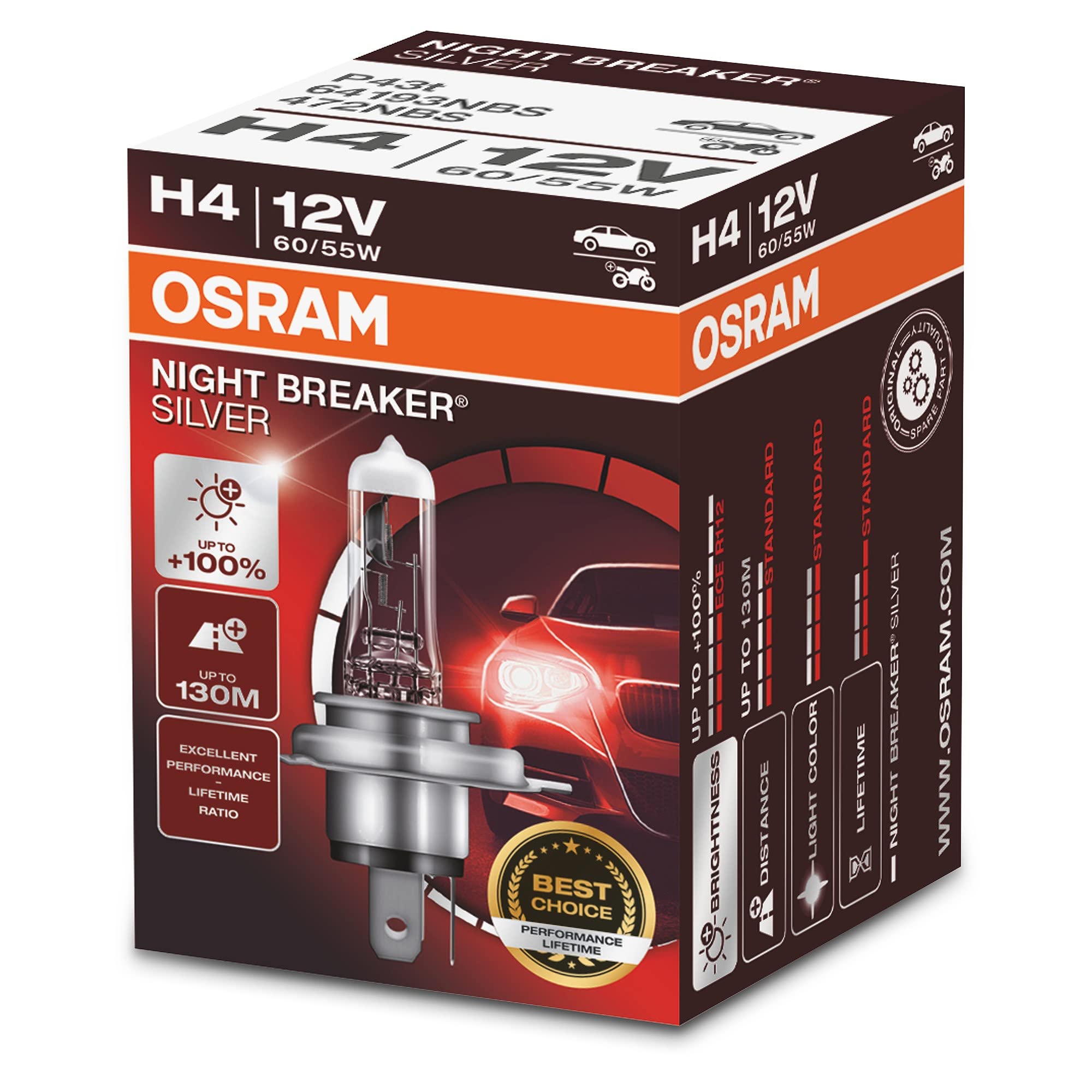 OSRAM NIGHT BREAKER SILVER H4, +100% more brightness, halogen headlamp, 64193NBS, 12V, passenger car, folding box (1 lamp)
