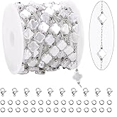KYUNHOO 13 Feet Stainless Steel Silver Jewelry Making Chains Four Leaf Clover Shaped Faux Pearl Chain Roll with Jewelry Clasps for Handcraft DIY