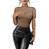 Kentysill Women's Mesh Sexy Mock TurtleNeck Bodysuits Short Sleeve Shirt Ruched Sheer Body suit Summer Trendy Going Out Tops