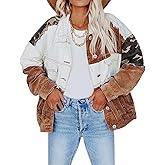 chouyatou Women's Contrast Camouflage Corduroy Loose Oversized Batwing Sleeve Ripped Casual Trucker Jacket