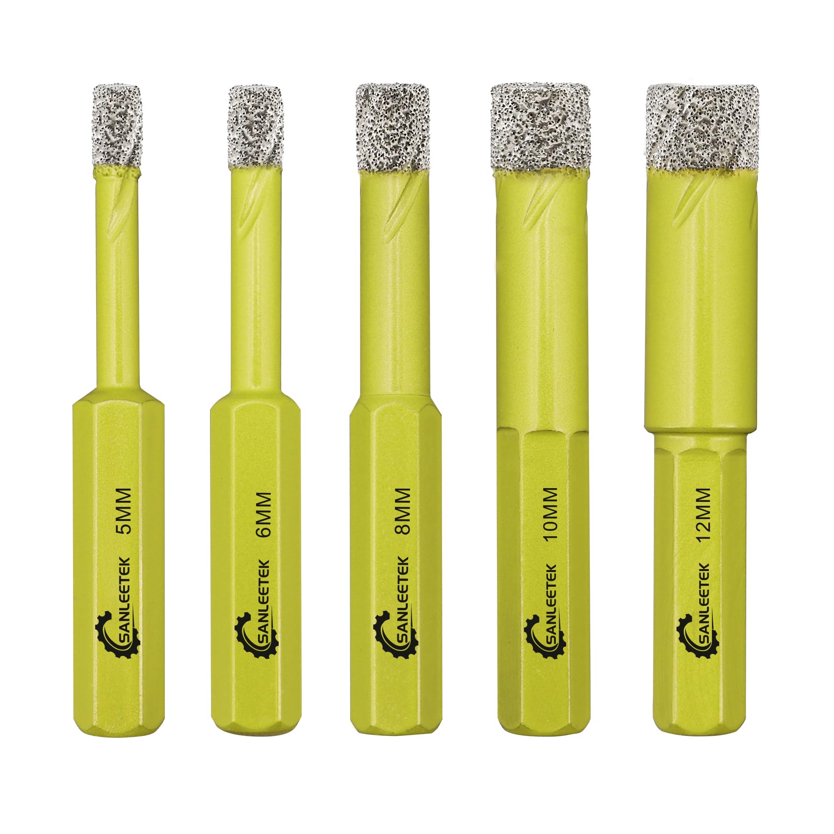 Dry Diamond Drill Bits Set - 5pcs 5/6/8/10/12mm Hole Saw Kit with Hexagonal Shank for Ceramic Porcelain Tile Granite Marble Quartz Artificial Stone SANLEETEK