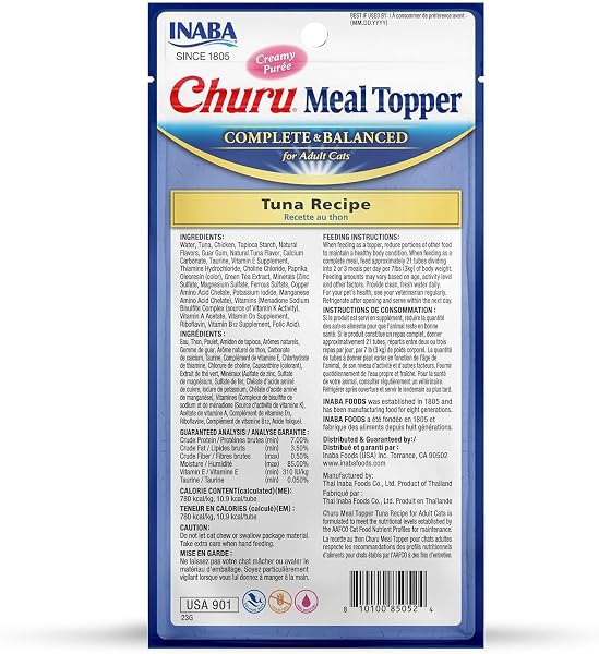 INABA CHURU MEAL TOPPER FOR CATS, COMPLETE & BALANCED, CREAMY, LICKABLE PURÉE CAT FOOD TOPPER, 0.5 OUNCE TUBE, 4 TUBES (4 PER PACK), TUNA RECIPE