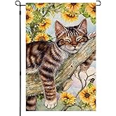 BLKWHT Summer Cat Garden Flag 12x18 Inches Double Sided for Outside, Sunflower Burlap Small Seasonal Yard Flag for Outdoor Decor BW640