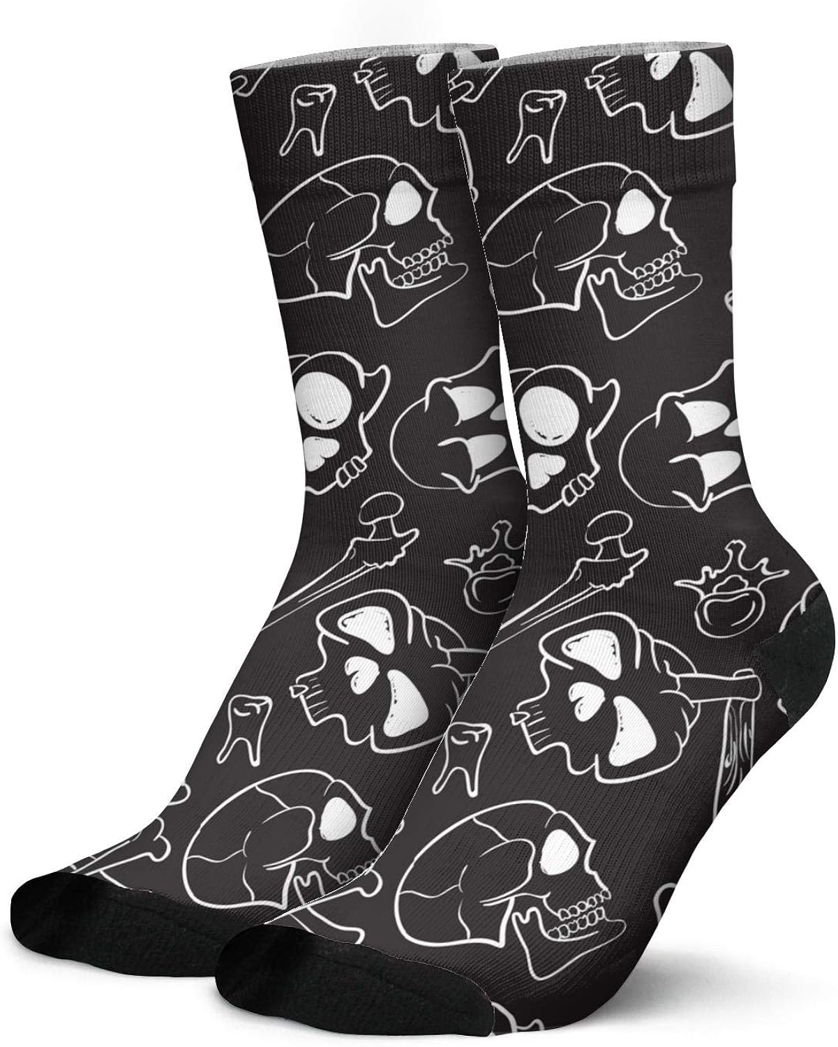 Mens Gentleman Black Skull Crew Socks Comfortable Cotton Blend Colorful Active High Ankle Socks